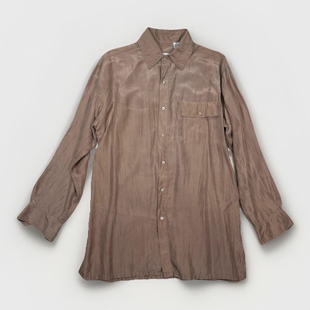 VTG Lanvin Paris 100% Silk Shirt Size Medium M Brown Taupe Long Sleeve Button